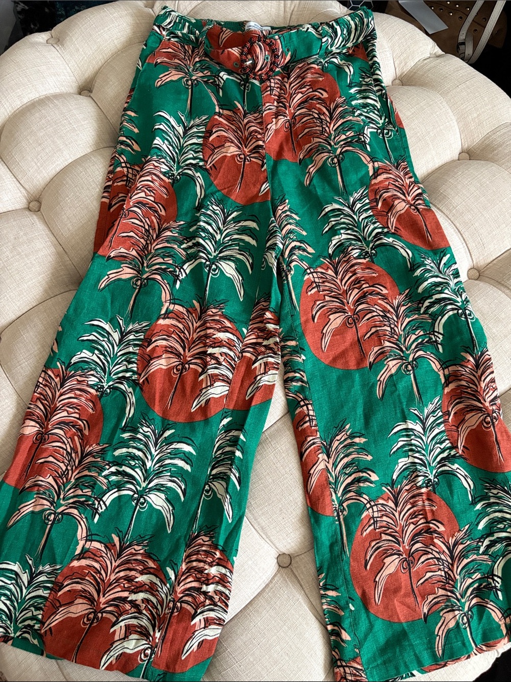 Wide Leg Tropical Print Pants in Green & Rust NWOT
